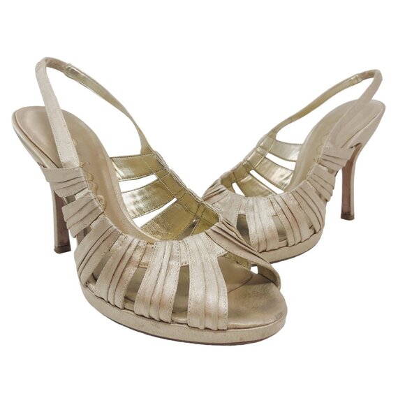 Nina Heels Womens 9M Gold Leather Fabric Slingback Peep Toe Slip On Formal Prom - Picture 1 of 12